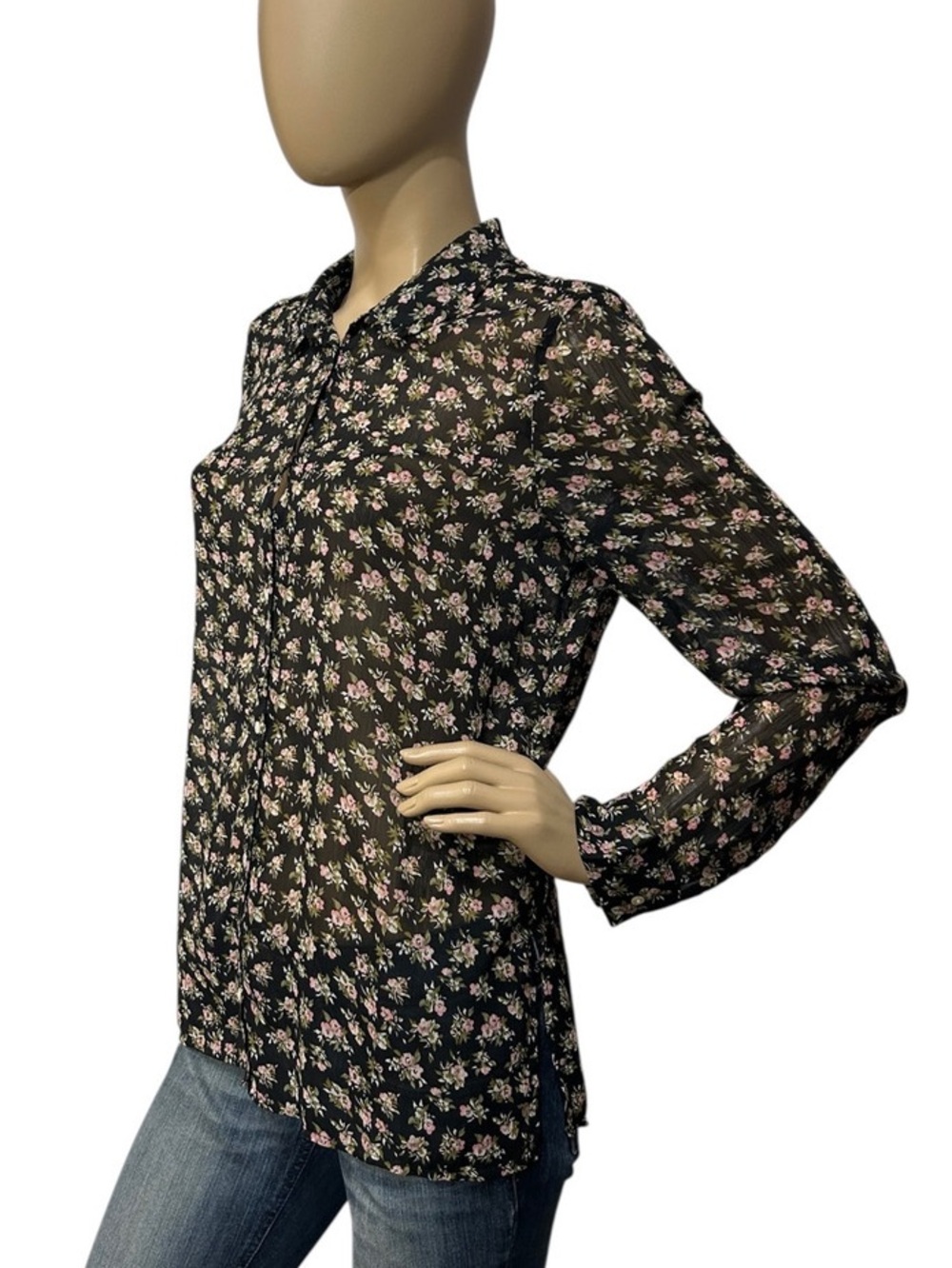 H&M Black Sheer Blouse with Pink Floral Print